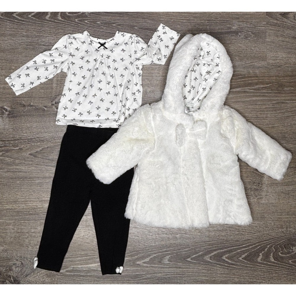 Little Me 3 Piece Set Infant Girls Long Sleeve Black White Bow‎ Plush Jacket 12M
